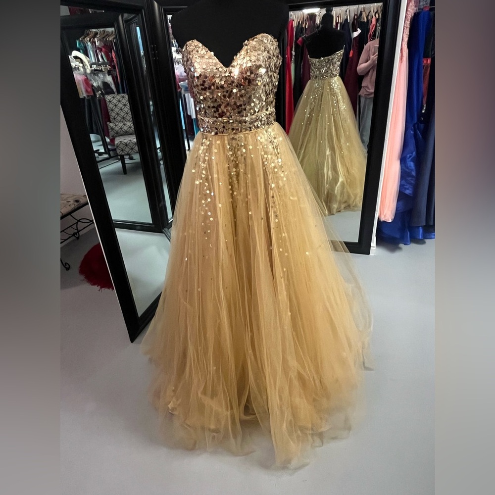 Night Moves Gold Sequin Prom Dress